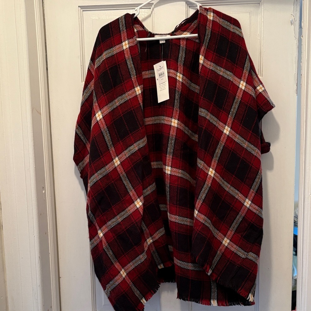 LOFT Red and Black Plaid Poncho